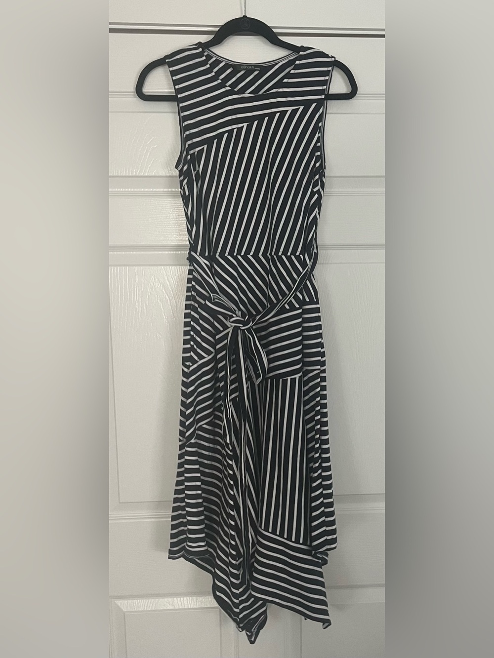 eshakti Black and White Striped Midi Dress with Tie Waist